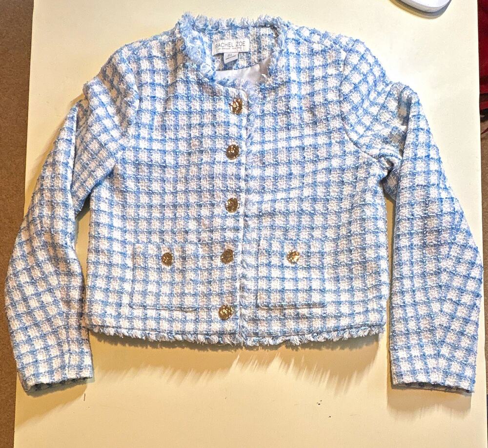 Rachel Zoe Blue White Check Fringe Button Lined Pocket Short Jacket Size M